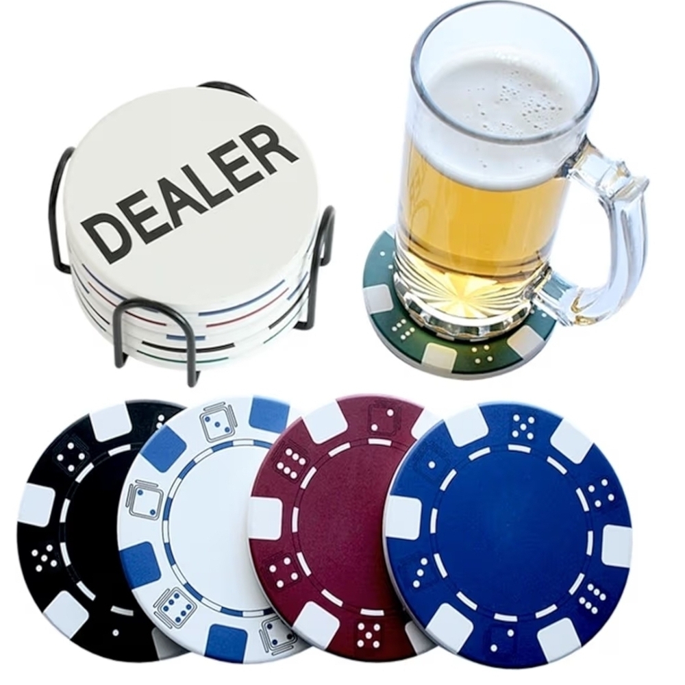 Poker Chip Coaster Set with Holder - Multicolor